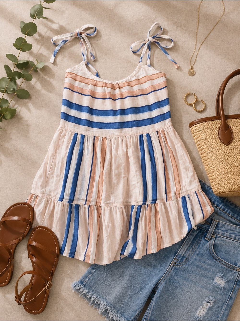 Lemlem Dress XS Striped Tie-Shoulder Pink and Blue